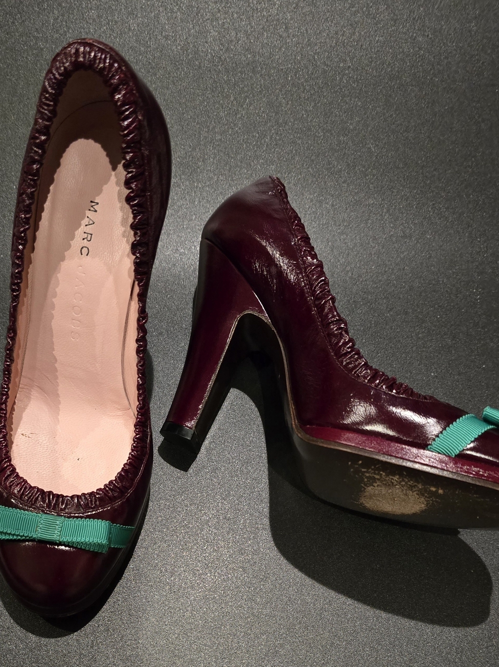 Marc Jacobs Burgundy Leather Heels with Teal Bow Accent